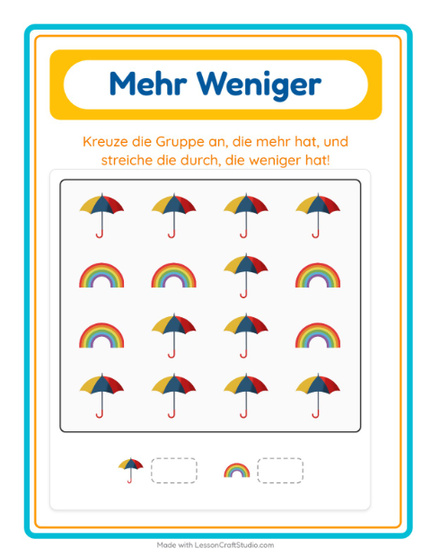 Vorschau: Mehr oder weniger-Arbeitsblatt mit Sommer für Vorschule