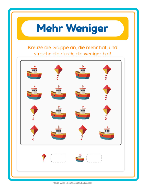 Vorschau: Mehr oder weniger-Arbeitsblatt mit Spielzeug für Vorschule