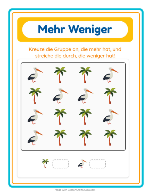 Vorschau: Mehr oder weniger-Arbeitsblatt mit Strand für Vorschule