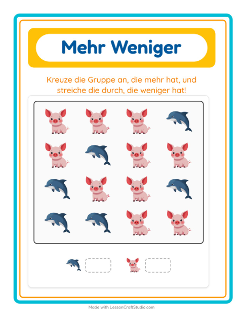 Vorschau: Mehr oder weniger-Arbeitsblatt mit Tiere für Vorschule