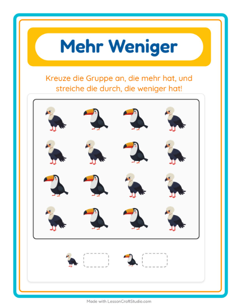 Vorschau: Mehr oder weniger-Arbeitsblatt mit Vögel für Vorschule