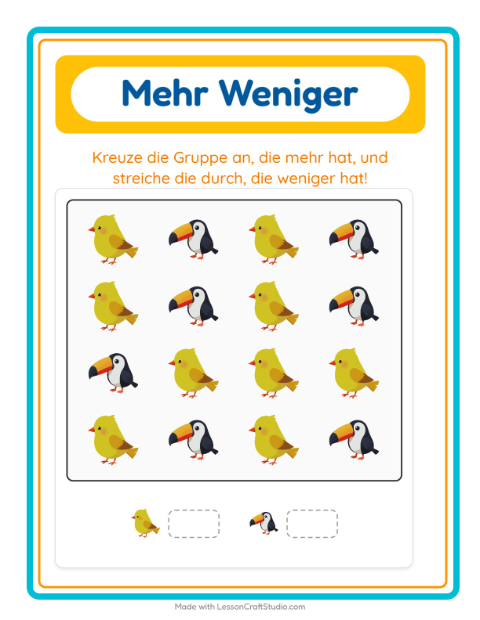 Vorschau: Mehr oder weniger-Arbeitsblatt mit Vögel 2 für Vorschule