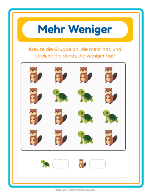 Vorschau: Mehr oder weniger-Arbeitsblatt mit Waldtiere für Vorschule