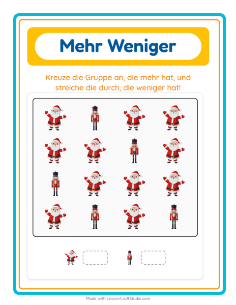 Vorschau: Mehr oder weniger-Arbeitsblatt mit Weihnachten für Vorschule