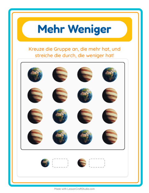 Vorschau: Mehr oder weniger-Arbeitsblatt mit Weltraum für Vorschule