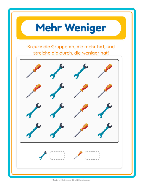 Vorschau: Mehr oder weniger-Arbeitsblatt mit Werkzeuge für Vorschule