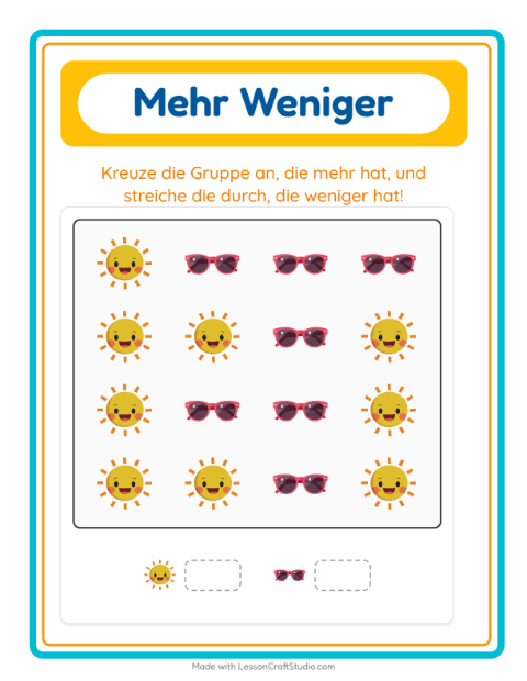 Vorschau: Mehr oder weniger-Arbeitsblatt mit Wetter für Vorschule