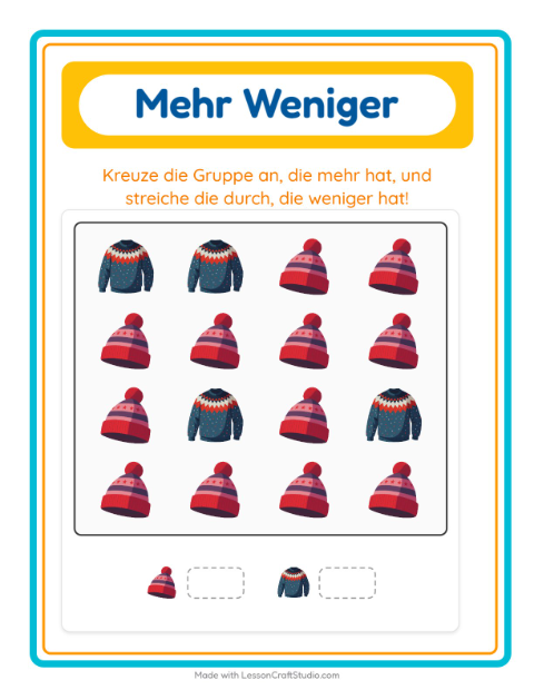 Vorschau: Mehr oder weniger-Arbeitsblatt mit Winter für Vorschule