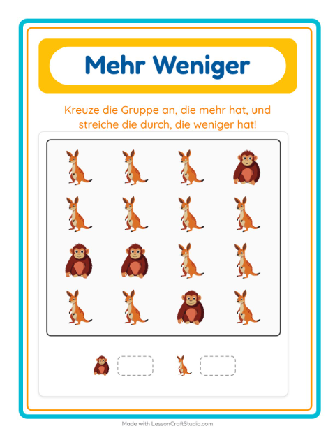 Vorschau: Mehr oder weniger-Arbeitsblatt mit Zootiere für Vorschule