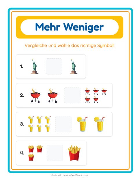 Vorschau: Mehr oder weniger-Arbeitsblatt mit 4. Juli für Vorschule