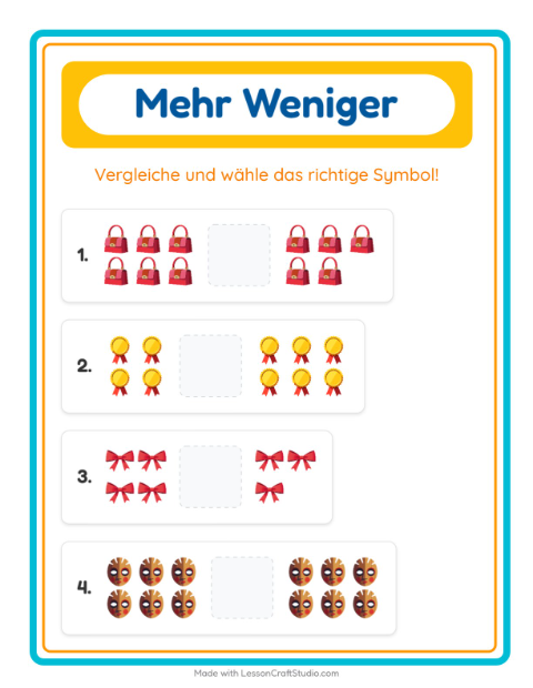 Vorschau: Mehr oder weniger-Arbeitsblatt mit Accessoires für Vorschule