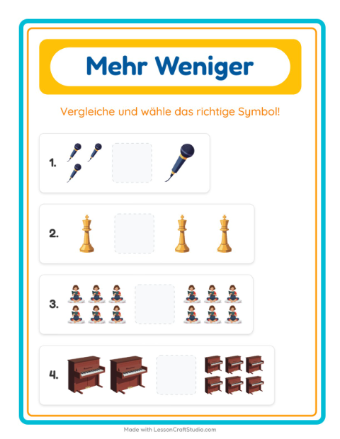 Vorschau: Mehr oder weniger-Arbeitsblatt mit Aktivitäten für Vorschule