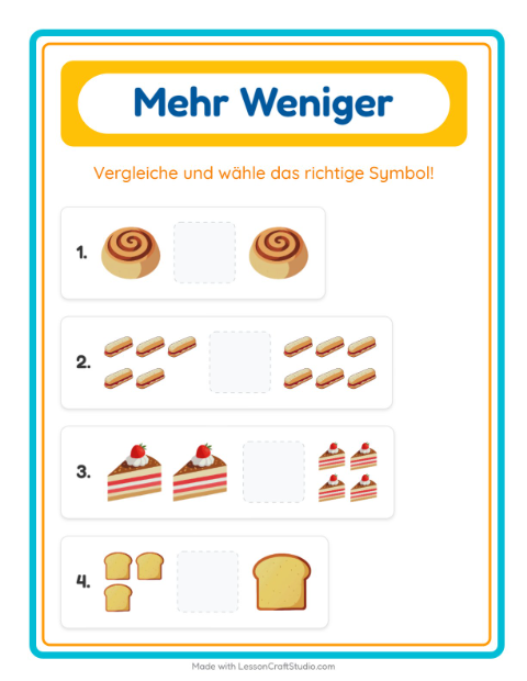 Vorschau: Mehr oder weniger-Arbeitsblatt mit Bäckerei für Vorschule