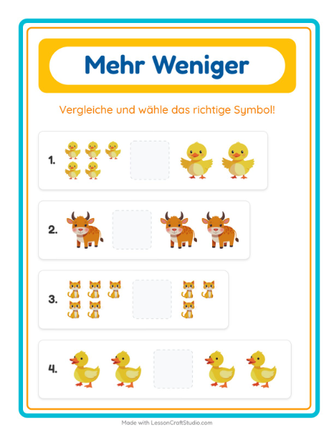 Vorschau: Mehr oder weniger-Arbeitsblatt mit Bauernhoftiere für Vorschule