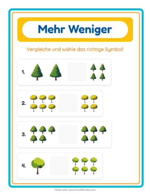 Vorschau: Mehr oder weniger-Arbeitsblatt mit Bäume für Vorschule