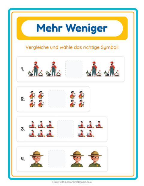 Vorschau: Mehr oder weniger-Arbeitsblatt mit Berufe für Vorschule