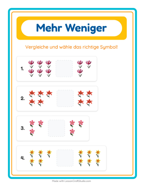 Vorschau: Mehr oder weniger-Arbeitsblatt mit Blumen für Vorschule