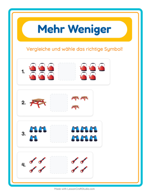 Vorschau: Mehr oder weniger-Arbeitsblatt mit Camping für Vorschule