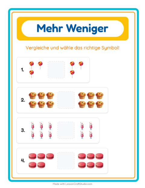 Vorschau: Mehr oder weniger-Arbeitsblatt mit Desserts und Süßigkeiten für Vorschule
