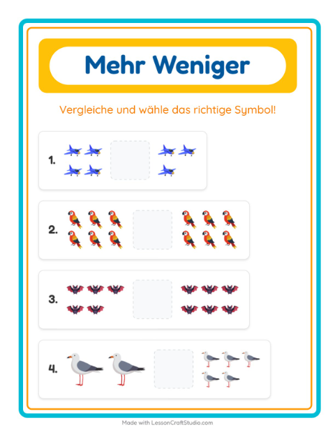 Vorschau: Mehr oder weniger-Arbeitsblatt mit Dinge die fliegen für Vorschule
