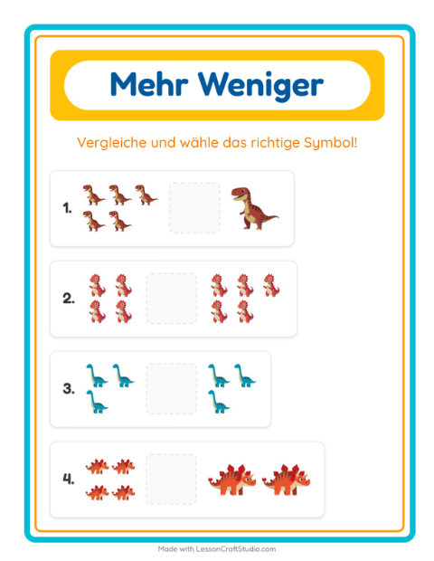 Vorschau: Mehr oder weniger-Arbeitsblatt mit Dinosaurier für Vorschule