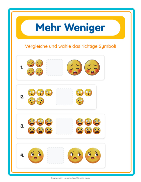 Vorschau: Mehr oder weniger-Arbeitsblatt mit Emotionen für Vorschule