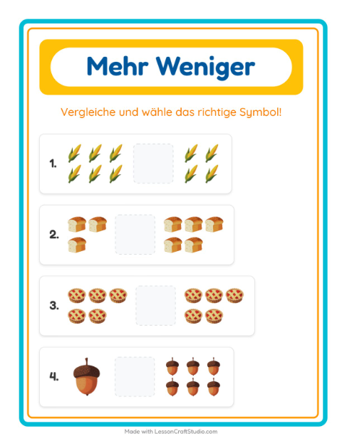 Vorschau: Mehr oder weniger-Arbeitsblatt mit Erntedankfest für Vorschule