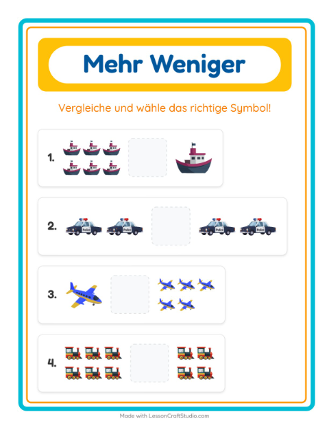 Vorschau: Mehr oder weniger-Arbeitsblatt mit Fahrzeuge für Vorschule