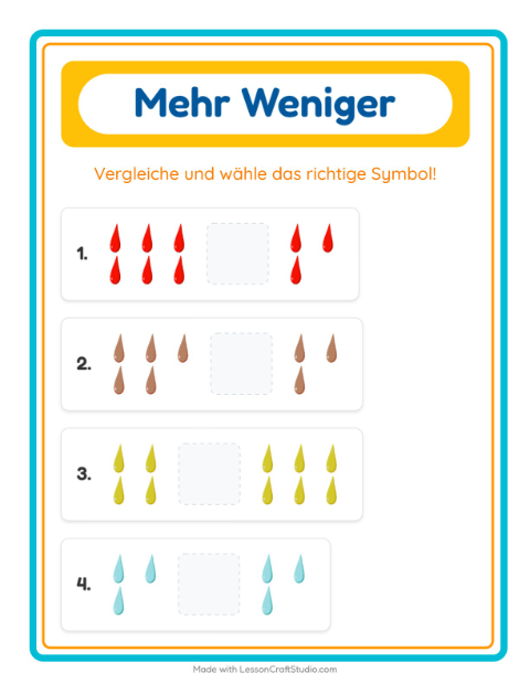 Vorschau: Mehr oder weniger-Arbeitsblatt mit Farben für Vorschule