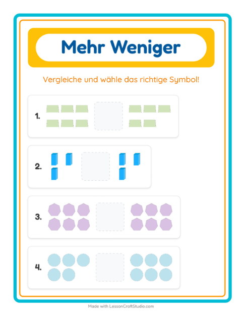 Vorschau: Mehr oder weniger? Mit Kreisen, Quadraten und Dreiecken – Arbeitsblatt für die Vorschule