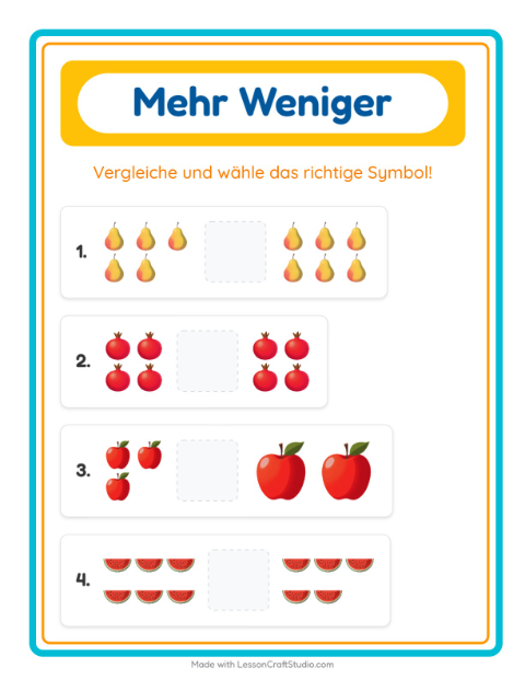 Vorschau: Mehr oder weniger-Arbeitsblatt mit Früchte für Vorschule