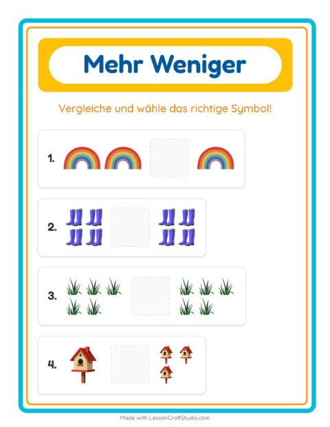 Vorschau: Mehr oder weniger-Arbeitsblatt mit Frühling für Vorschule