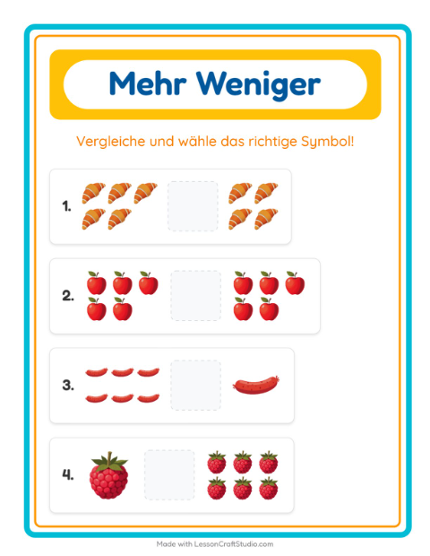 Vorschau: Mehr oder weniger-Arbeitsblatt mit Frühstück für Vorschule