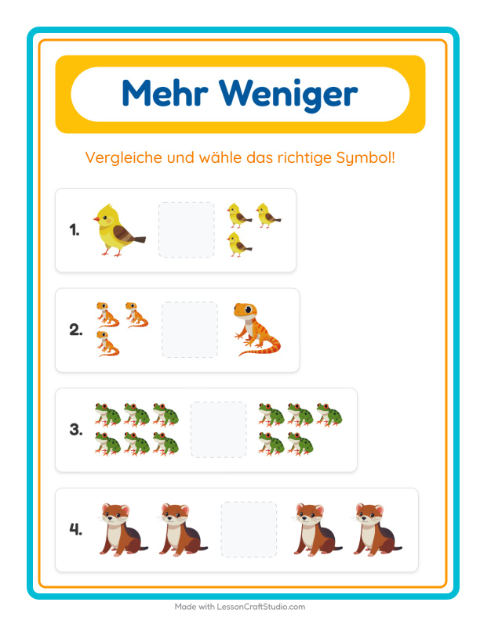 Vorschau: Mehr oder weniger-Arbeitsblatt mit Haustiere für Vorschule