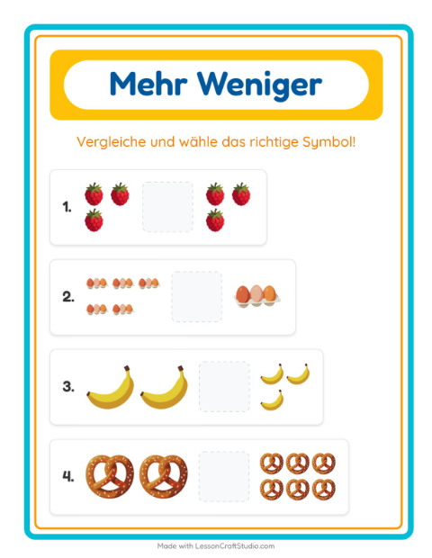 Vorschau: Mehr oder weniger-Arbeitsblatt mit Im Supermarkt für Vorschule