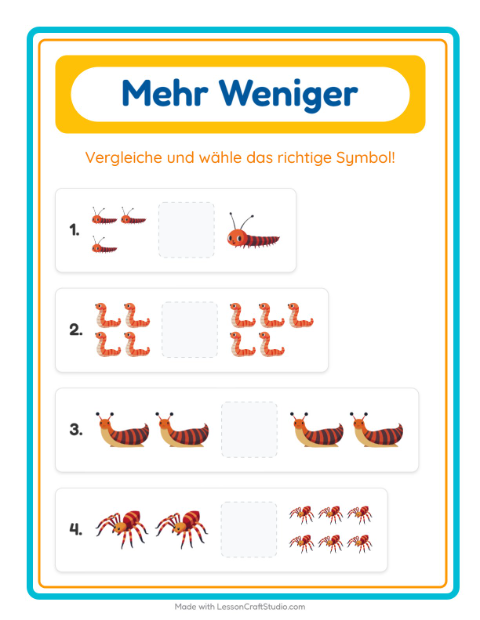 Vorschau: Mehr oder weniger-Arbeitsblatt mit Insekten und Käfer für Vorschule