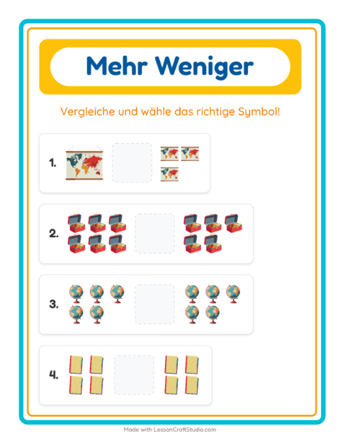 Vorschau: Mehr oder weniger-Arbeitsblatt mit Klassenzimmer für Vorschule