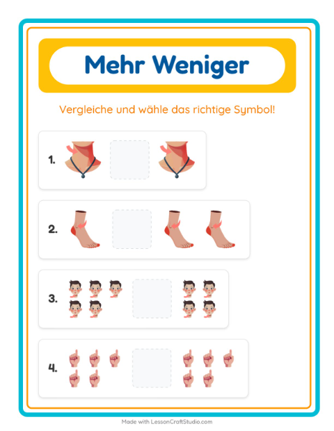Vorschau: Mehr oder weniger-Arbeitsblatt mit Körperteile für Vorschule