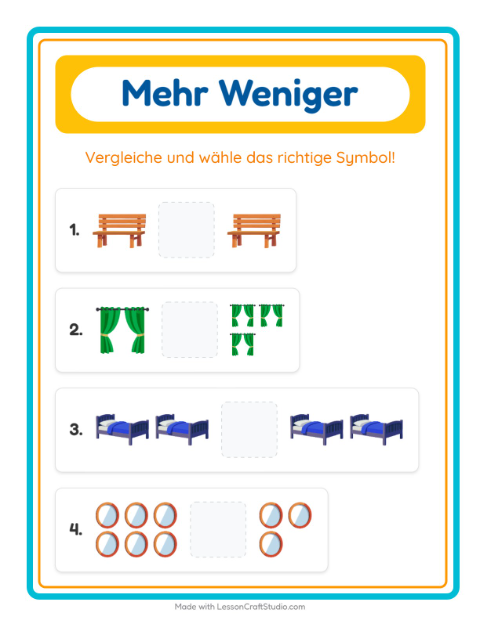 Vorschau: Mehr oder weniger-Arbeitsblatt mit Möbel für Vorschule