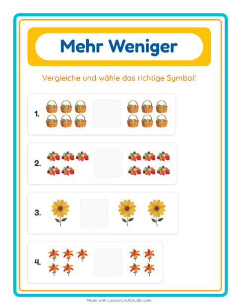 Vorschau: Mehr oder weniger-Arbeitsblatt mit Ostern für Vorschule