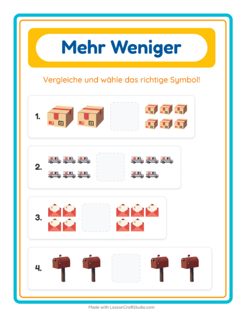 Vorschau: Mehr oder weniger-Arbeitsblatt mit Postamt für Vorschule
