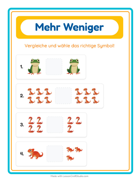Vorschau: Mehr oder weniger-Arbeitsblatt mit Reptilien und Amphibien für Vorschule
