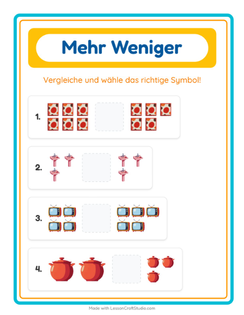 Vorschau: Mehr oder weniger-Arbeitsblatt mit Rund ums Haus für Vorschule