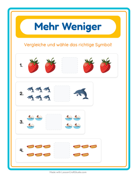 Vorschau: Mehr oder weniger-Arbeitsblatt mit Sommer für Vorschule