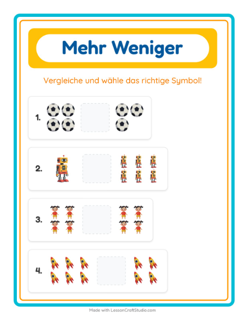 Vorschau: Mehr oder weniger-Arbeitsblatt mit Spielzeug für Vorschule
