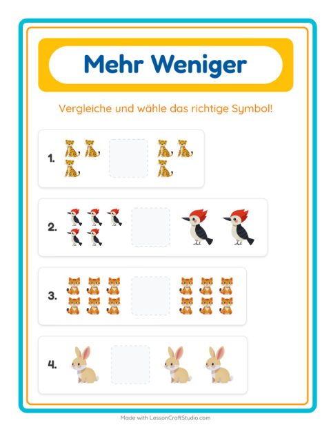 Vorschau: Mehr oder weniger-Arbeitsblatt mit Tiere für Vorschule