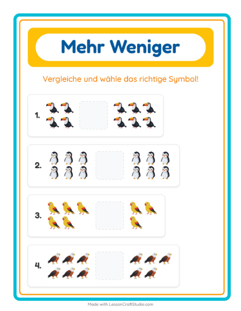 Vorschau: Mehr oder weniger-Arbeitsblatt mit Vögel für Vorschule