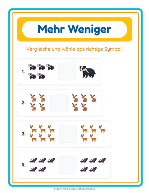 Vorschau: Mehr oder weniger-Arbeitsblatt mit Waldtiere für Vorschule