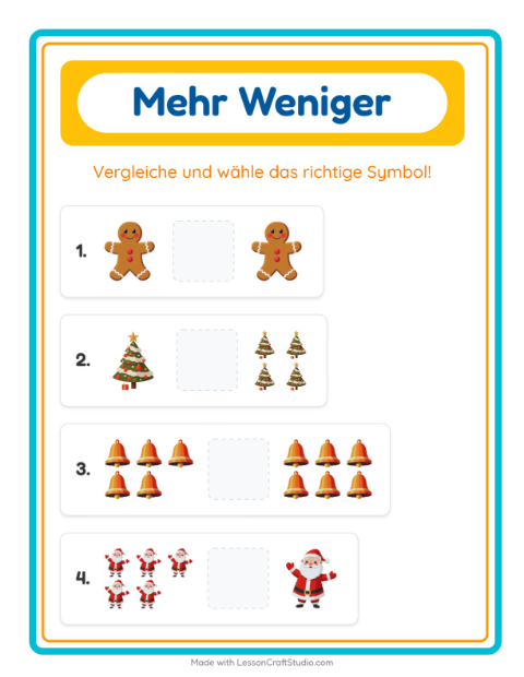 Vorschau: Mehr oder weniger-Arbeitsblatt mit Weihnachten für Vorschule