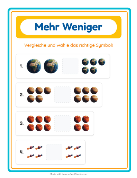 Vorschau: Mehr oder weniger-Arbeitsblatt mit Weltraum für Vorschule
